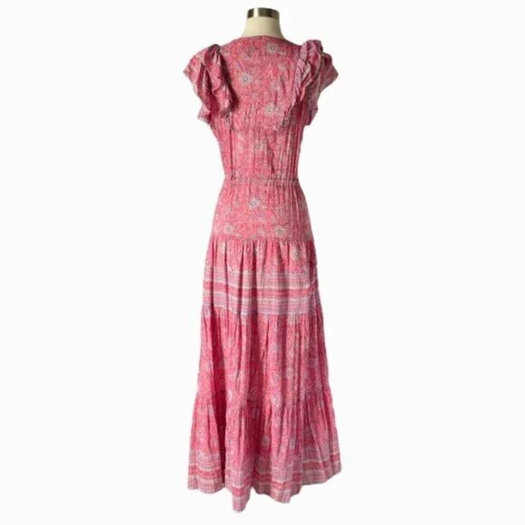 Alica Bell Lola Dress S Pink Floral Boho Maxi Ruffle Tiered Cotton Silk - Picture 3 of 6